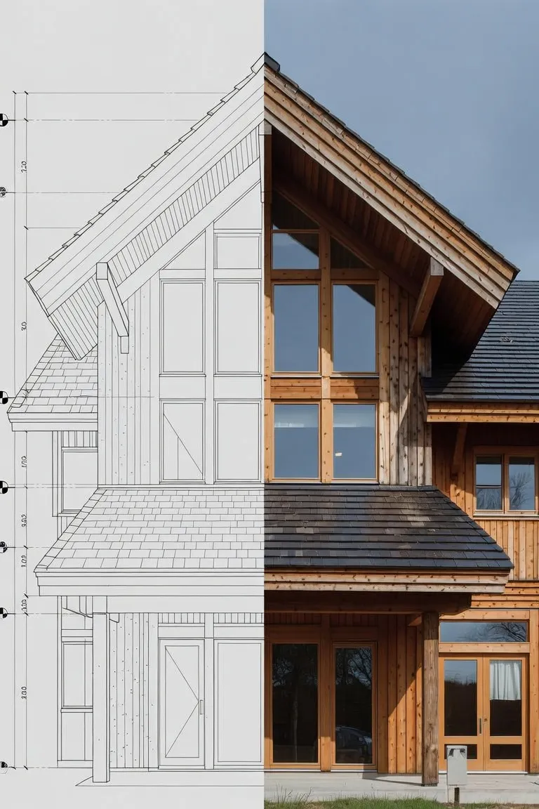 A timber-clad house, half shown as an architect's drawing and half as built